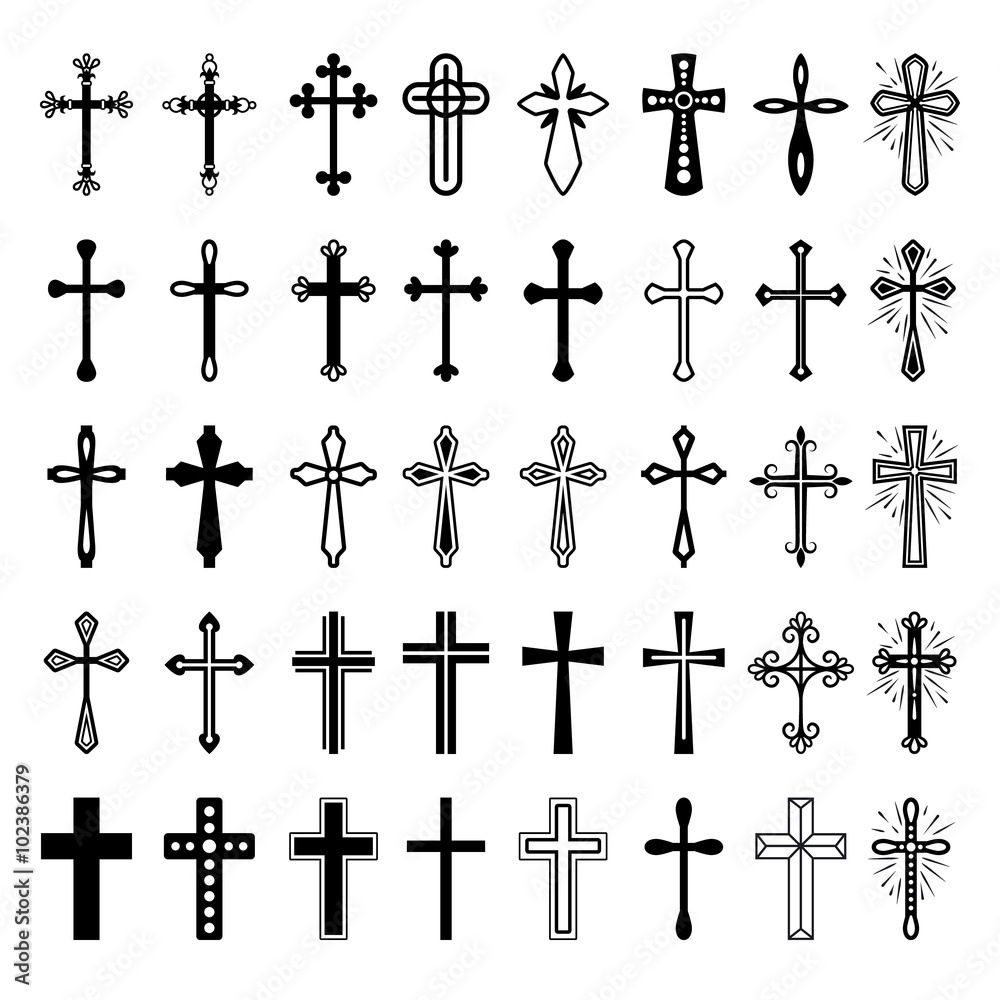 Naklejka premium Ikony chrześcijańskiego krzyża. Wektor linii czarny krzyż chrześcijański na białym tle