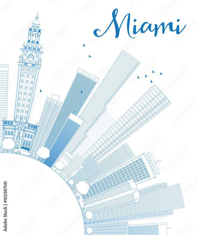 Outline Miami Skyline with Blue Buildings and Copy Space.