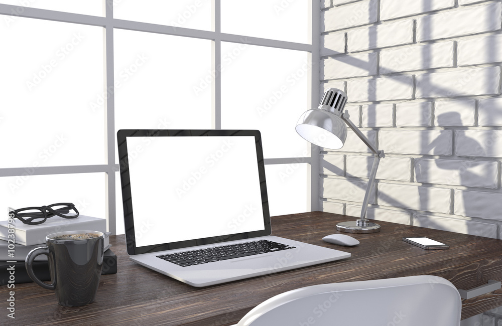 Fototapeta premium 3D illustration laptop and work stuff on table near brick wall, Workspace