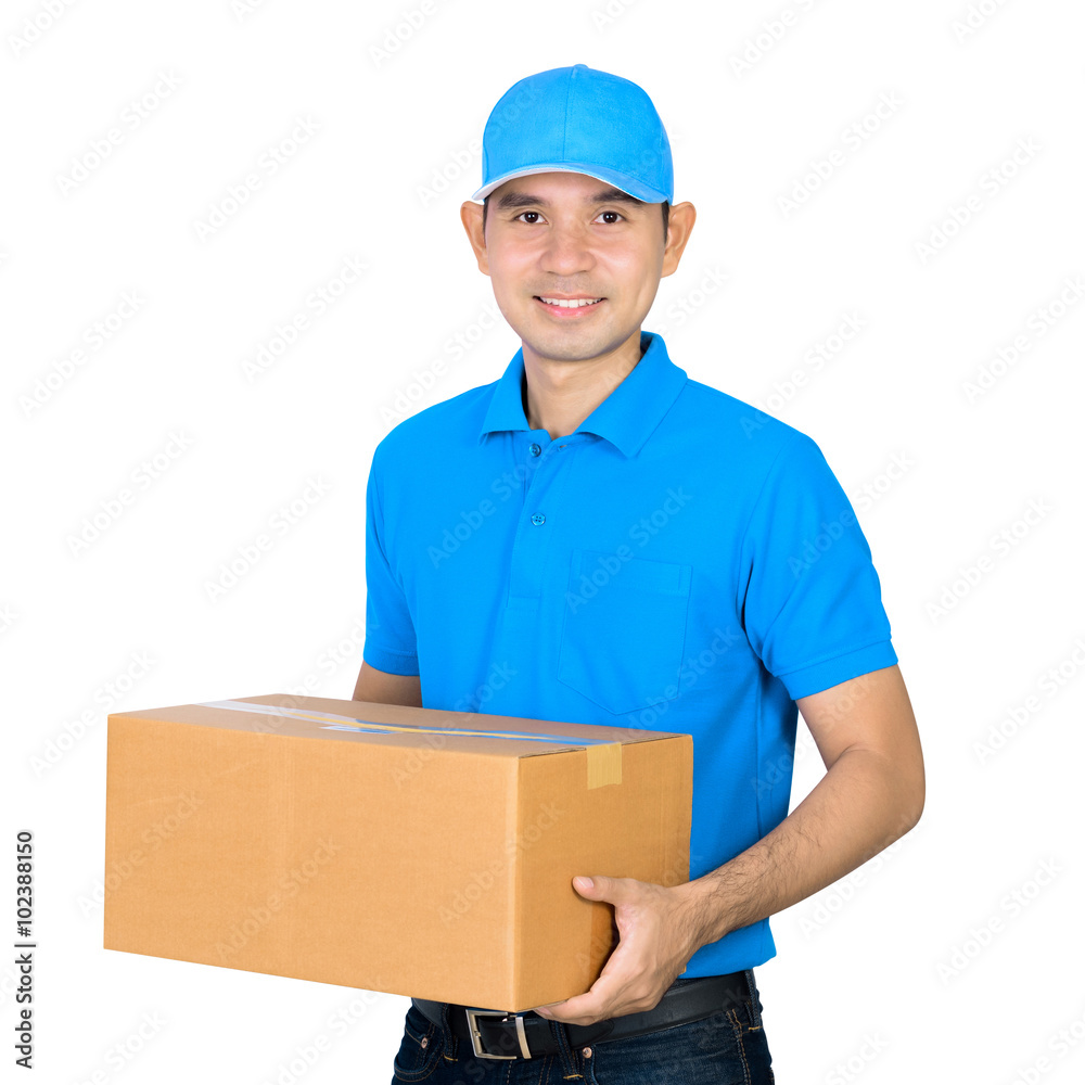 Deliveryman carrying a cardboard parcel box Deliveryman carrying a cardboard parcel box