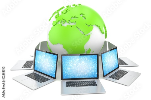 Laptop network around earth globe. 3d render