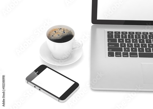 Laptop smartphone and coffee cup 