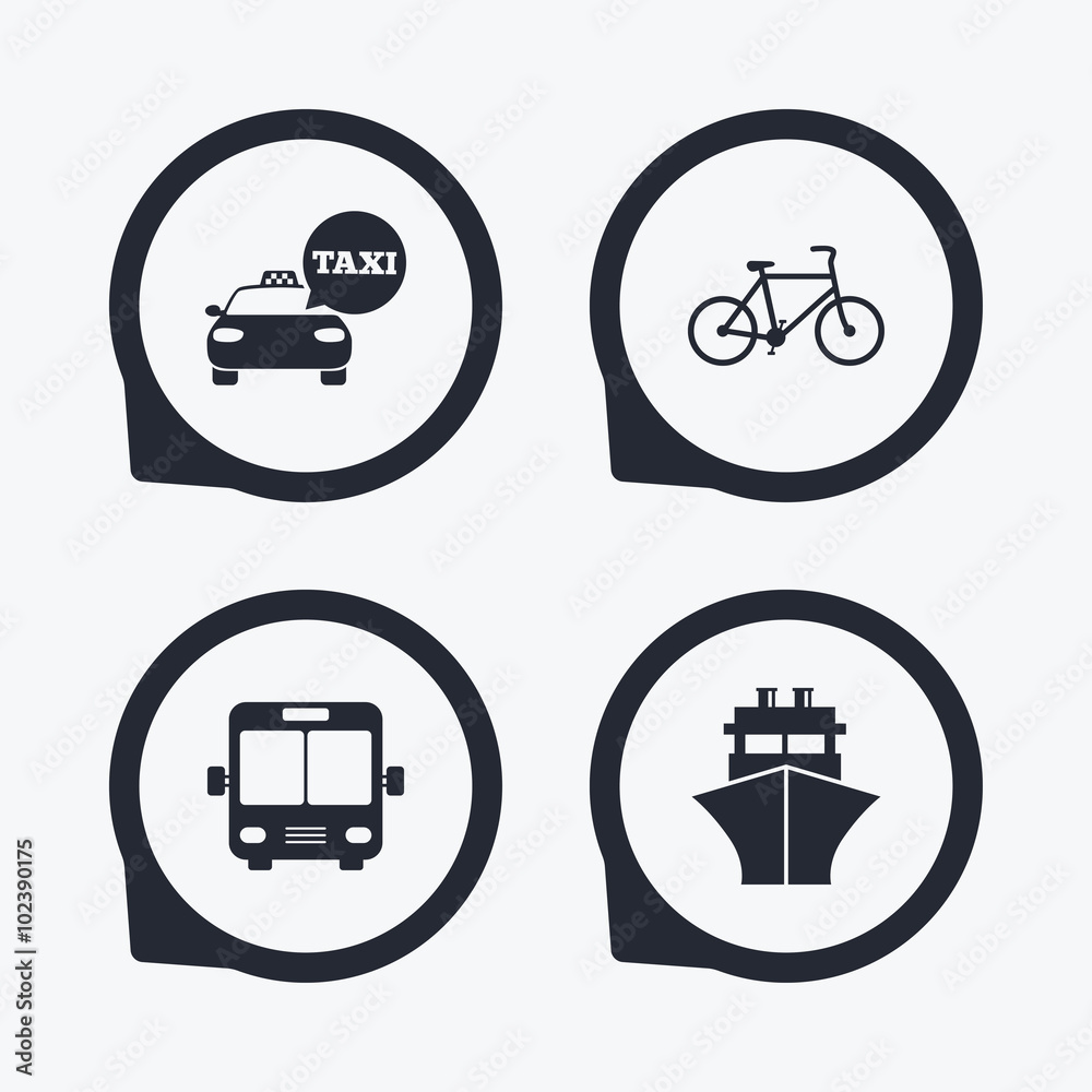 Transport icons. Taxi car, Bicycle, Bus and Ship Transport icons. Taxi car, Bicycle, Bus and Ship