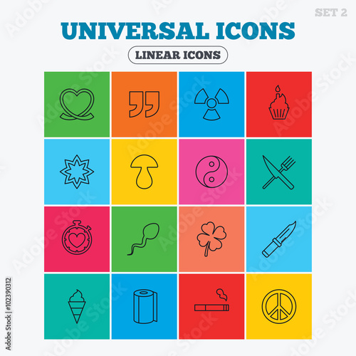 Universal icons. Quotes, ribbon heart and cake.