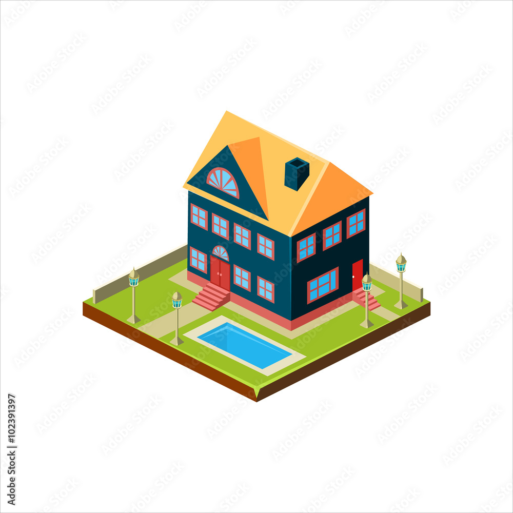 Isometric icon representing modern house with backyard