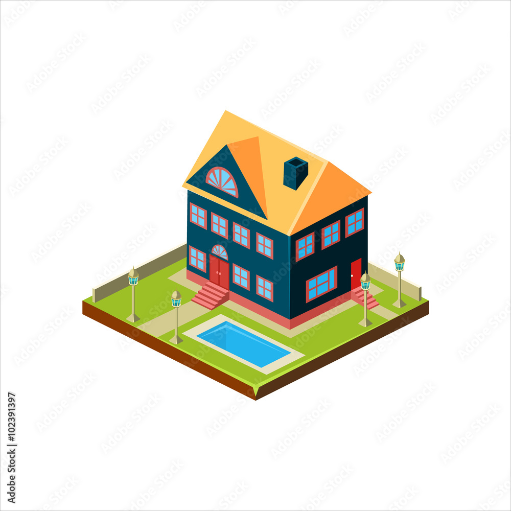 Isometric icon representing modern house with backyard Isometric icon representing modern house with backyard