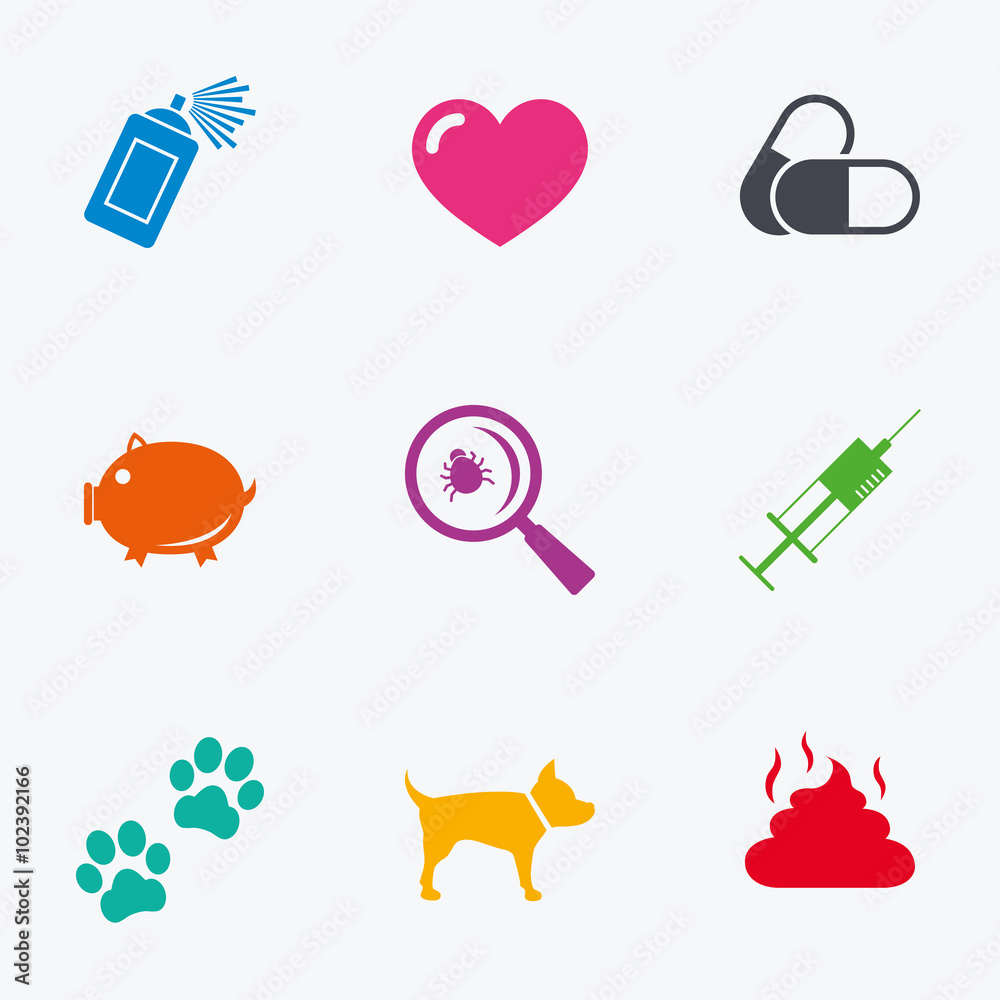 Veterinary, pets icons. Dog paws, syringe signs. Veterinary, pets icons. Dog paws, syringe signs.