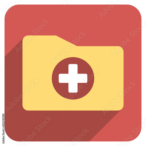 Medical Folder long shadow vector icon. Style is a light flat symbol on a red rounded square button.