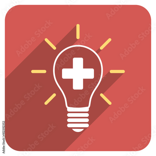 Creative Medicine Bulb long shadow vector icon. Style is a light flat symbol on a red rounded square button.