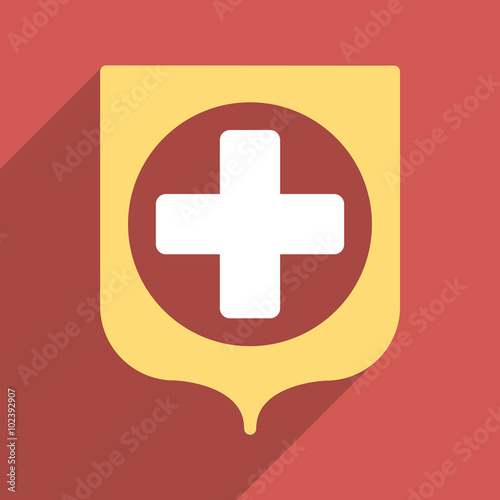 Medical Shield long shadow vector icon. Style is a light flat symbol on a red square button.