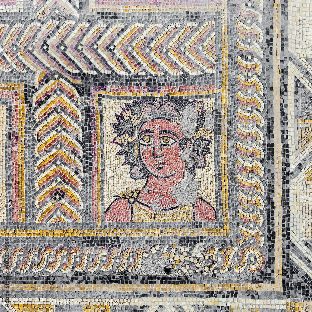 Roman mosaic portraying the Autumn Season or Fall character, in the House of the Fountains. Conimbriga in Portugal, is one of the best preserved Roman cities on the west of the empire. Roman mosaic portraying the Autumn Season or Fall character, in the House of the Fountains. Conimbriga in Portugal, is one of the best preserved Roman cities on the west of the empire.