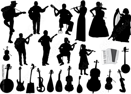 black musicians and musical instruments isolated on white