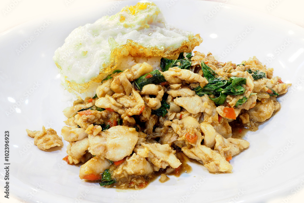 Basil Chicken with rice and fried egg