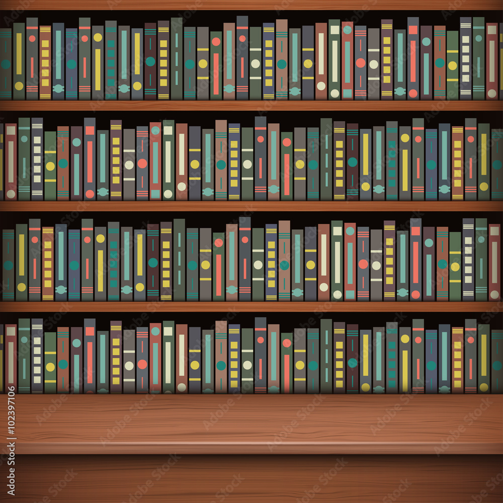 Table On Background Of Bookshelf Full Of Books Old Library Stock Table On Background Of Bookshelf Full Of Books Old Library Stock