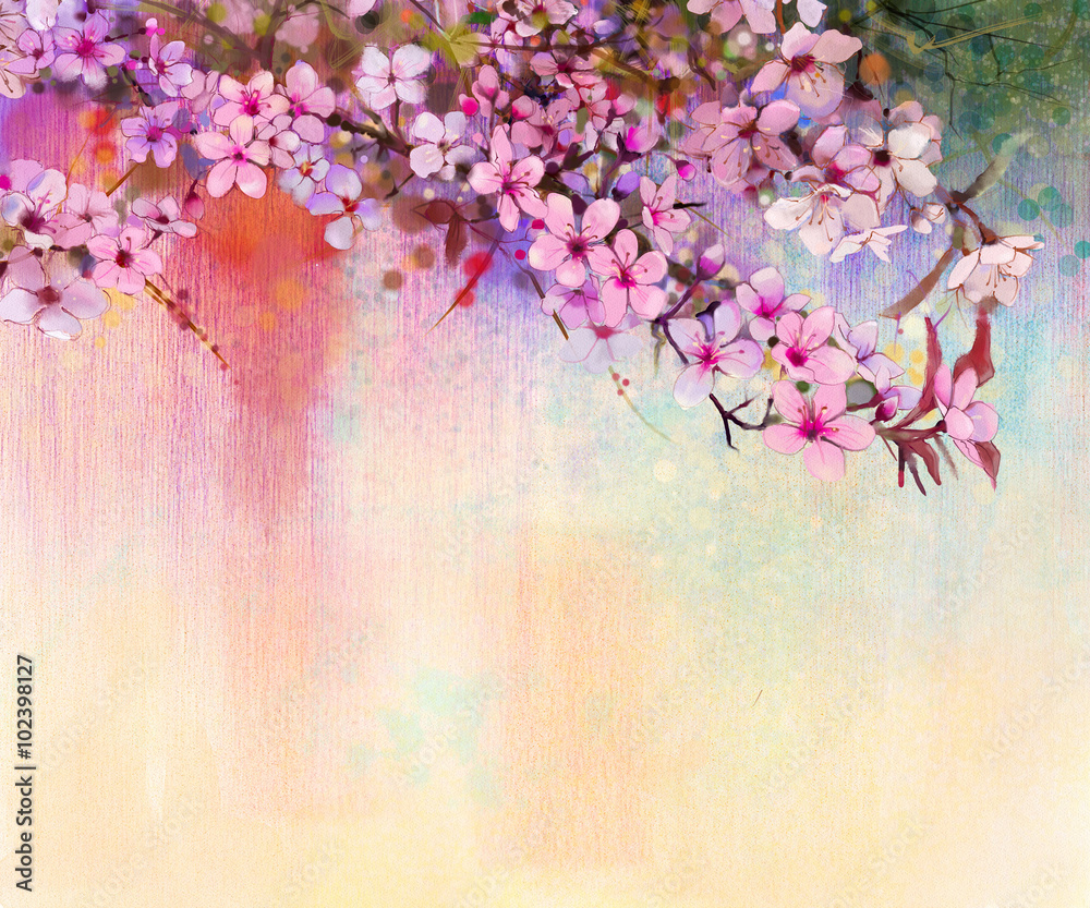 Fototapeta premium Watercolor Painting Cherry blossoms - Japanese cherry - Pink Sakura floral in soft color over blurred nature background. Spring flower seasonal nature background