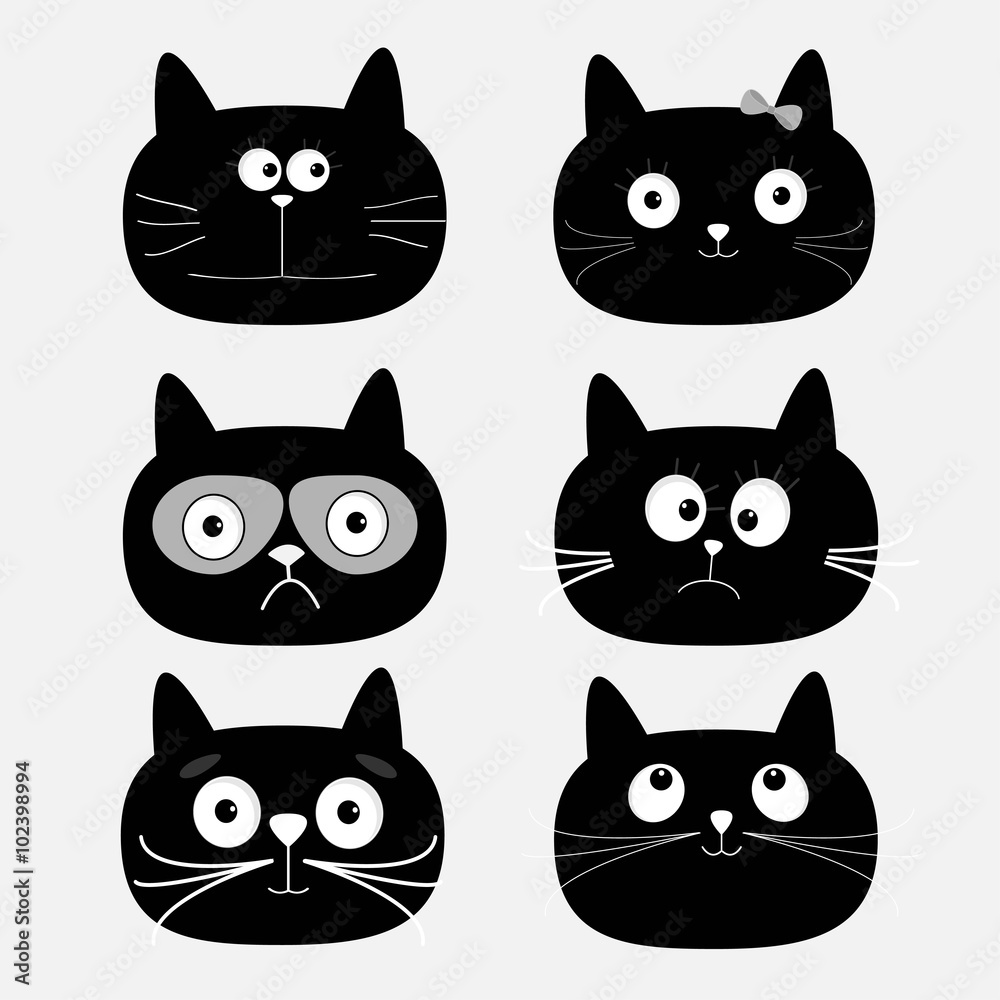 Cute black cat head set. Funny cartoon characters. White background. Isolated. Flat design.