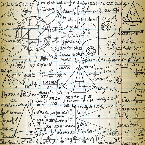 Vector seamless pattern with mathematical figures and formulas, "handwritten on the old copybook paper"