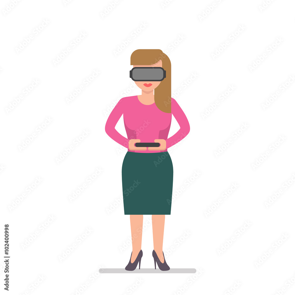 Pretty blond hair woman in a virtual reality glasses and with remote control in hands. Flat design character illustration
Pretty blond hair woman in a virtual reality glasses and with remote control in hands. Flat design character illustration
