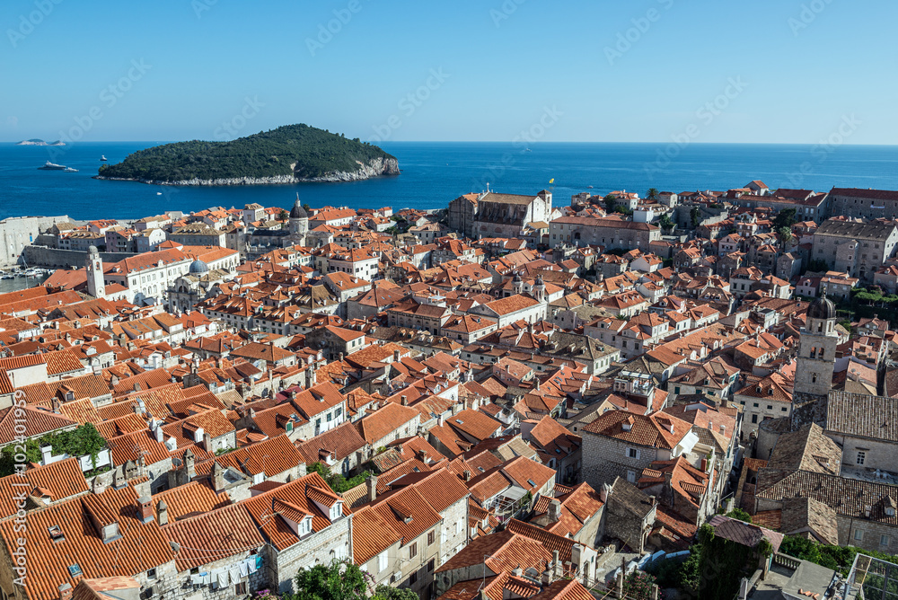 Aerial view from Walls of Dubrovnik with Lokrum island on background, Croatia Aerial view from Walls of Dubrovnik with Lokrum island on background, Croatia