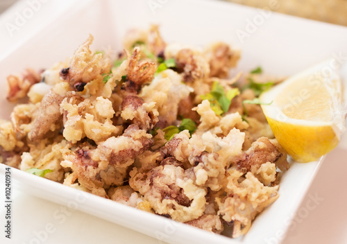 Calamari, deep fried squid with lettuce.