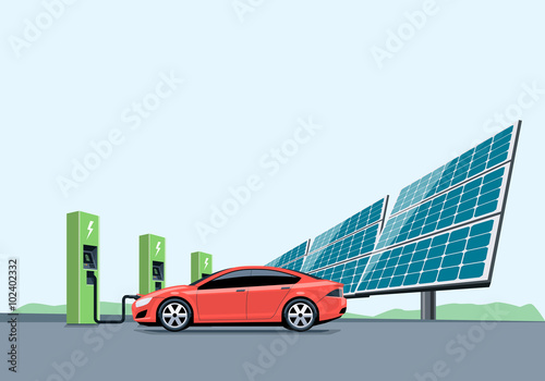 Electric Car Charging at the Charging Station in front of the Solar Panels