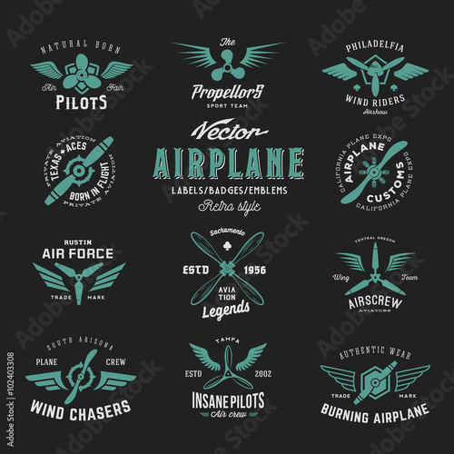 Vintage Vector Airplane Labels Set with Retro Typography. Shabby Texture on Dark Background