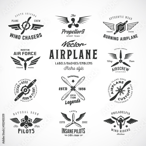 Vintage Vector Airplane Labels Set with Retro Typography. Isolated