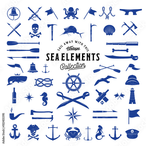 Vintage Vector Sea or Nautical Icon Elements Set for Your Retro Labels, Badges and Logos.