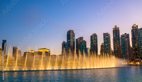 Choreographed Dubai Fountain in the evening - UAE