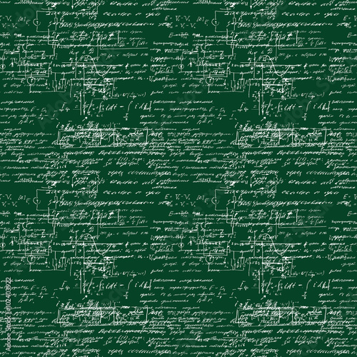 Seamless pattern of mathematical operation and equation, endless arithmetic pattern on seamless green chalk boards. Handwritten calculations. Geometry, math, physics, electronic engineering subjects.