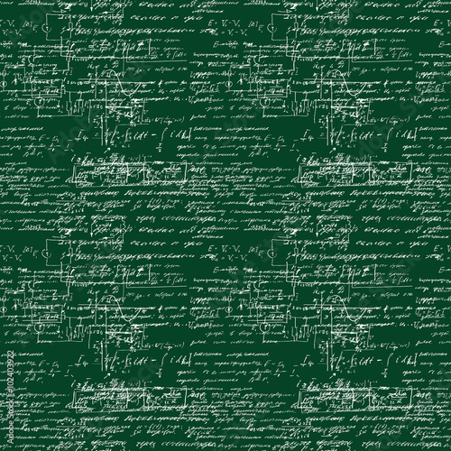 Seamless pattern of mathematical operation and equation, endless arithmetic pattern on seamless green chalk boards. Handwritten calculations. Geometry, math, physics, electronic engineering subjects.