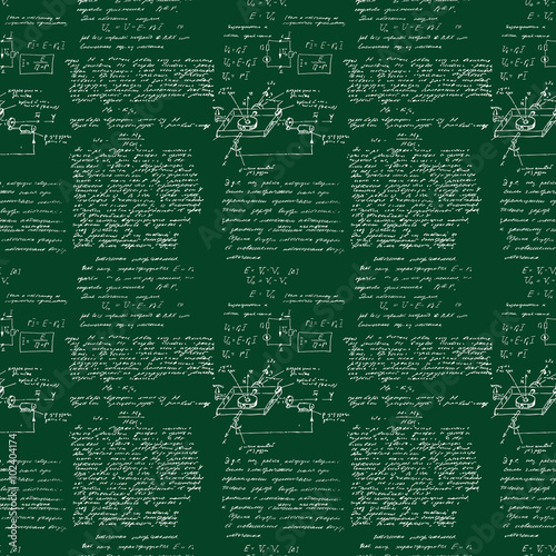 Seamless pattern of mathematical operation and equation, endless arithmetic pattern on seamless green chalk boards. Handwritten calculations. Geometry, math, physics, electronic engineering subjects.