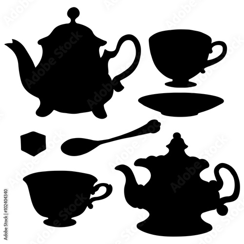 Set icon teapots, teacups, spoon, saucer and sugar photo