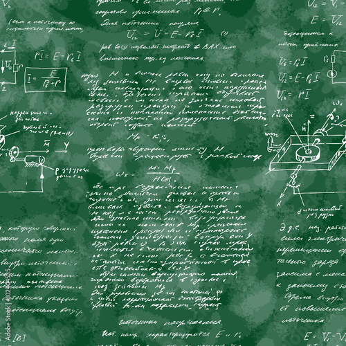 Seamless pattern of mathematical operation and equation, endless arithmetic pattern on seamless green chalk boards. Handwritten calculations. Geometry, math, physics, electronic engineering subjects.