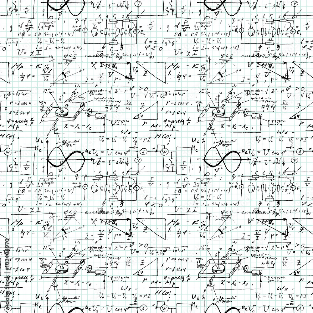 Math seamless pattern handwritten on a grid copybook paper, various operations and step by step solutions. Geometry, math, physics, electronic engineering subjects. Lectures. Lesson record. Blue grid. Math seamless pattern handwritten on a grid copybook paper, various operations and step by step solutions. Geometry, math, physics, electronic engineering subjects. Lectures. Lesson record. Blue grid.