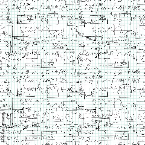 Math seamless pattern handwritten on a grid copybook paper, various operations and step by step solutions. Geometry, math, physics, electronic engineering subjects. Lectures. Lesson record. Blue grid.