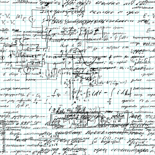 Math seamless pattern handwritten on a grid copybook paper, various operations and step by step solutions. Geometry, math, physics, electronic engineering subjects. Lectures. Lesson record. Blue grid.