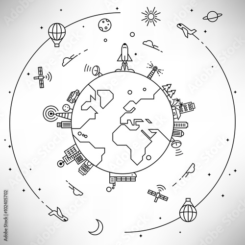 Linear Communication Icons with World Globe