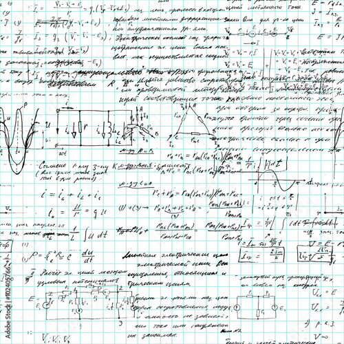 Seamless pattern of mathematical operation and equation, endless arithmetic pattern on endless copybook paper sheet. Handwritten lesson. Geometry, math, physics, electronic engineering subjects.
