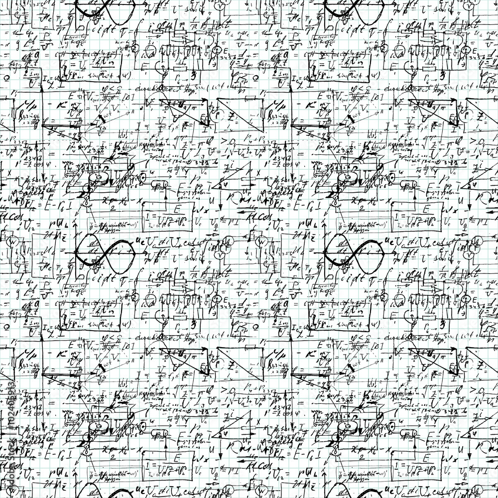 Seamless pattern of mathematical operation and equation, endless arithmetic pattern on endless copybook paper sheet. Handwritten lesson. Geometry, math, physics, electronic engineering subjects. Seamless pattern of mathematical operation and equation, endless arithmetic pattern on endless copybook paper sheet. Handwritten lesson. Geometry, math, physics, electronic engineering subjects.