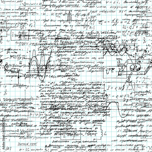 Seamless pattern of geometry, math, physics, electronic engineering subjects on copybook grid paper. Mathematics equation and calculations, endless hand writing. White Background. 