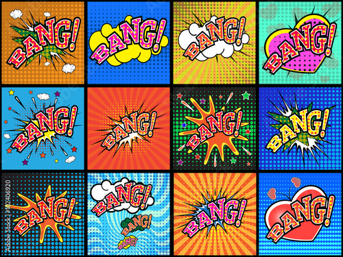 BANG! wording in comic speech bubble in pop art style on burst background