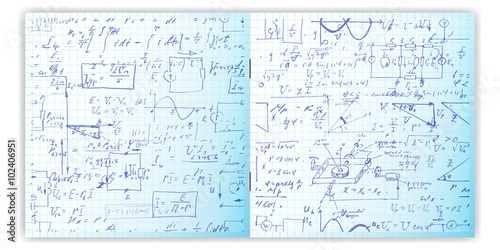 Set of vector pattern with real hand written text on copybook grid paper. Two pages of lectures archives, science, geometry, math, physics, electronic engineering . Open exercise book.