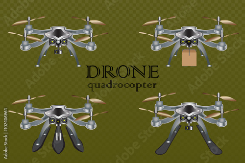 Remote aerial drone with a camera taking photography or video recording , the movement of goods, the ability to float on water and snow skiing, vector illustration.
