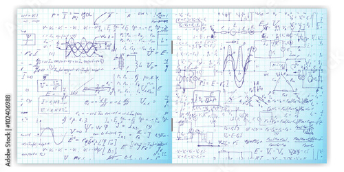 Set of vector pattern with real hand written text on copybook grid paper. Two pages of lectures archives, science, geometry, math, physics, electronic engineering . Open exercise book.