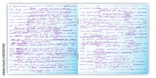 Handwriting written text. Calligraphy text on a grid copybook paper. Open exercise book. Archives, science, geometry, math, physics, electronic engineering subjects. Natural writing style.