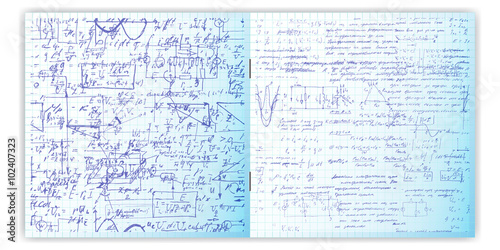 Handwriting written text. Calligraphy text on a grid copybook paper. Open exercise book. Archives, science, geometry, math, physics, electronic engineering subjects. Natural writing style.