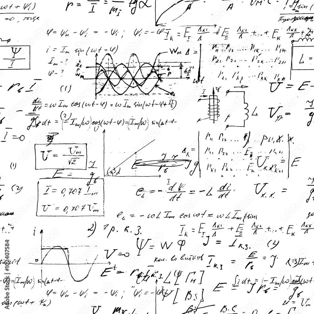 Seamless endless pattern background with handwritten mathematical formulas, math relationship or rules expressed in symbols, various operations such as addition, subtraction, multiplication, division.