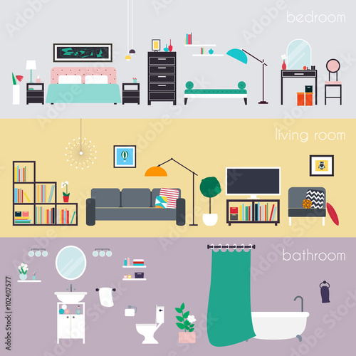 Set of colorful vector interior design house rooms with furniture