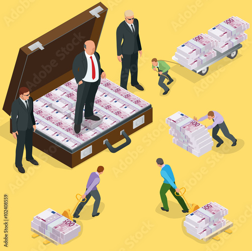 Debts on loans. People gives back debts on loan. Five hundred euro banknote. Flat 3d vector isometric illustration. Business concept 